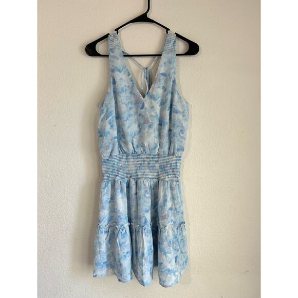KLD Signature Blue Watercolor Sleeveless Smocked  Mini Dress V Neck Size Medium - Picture 5 of 12